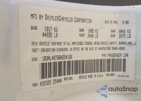 2006 Dodge Stratus Sxt из США, поврежденный, VIN 1B3AL46T66N254166